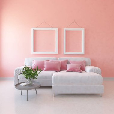 Minimalist bir oturma odası ve ahşap zeminde bir kanepe. İç kısımları kuzeyli. 3B illüstrasyon