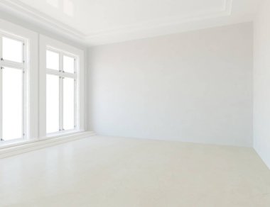 Minimalist oturma odasının içinde ahşap zemin var. İç kısımları kuzeyli. 3B illüstrasyon