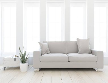 Beyaz minimalist oturma odasının içinde, ahşap zeminde kanepe var. İç kısımları kuzeyli. 3B illüstrasyon