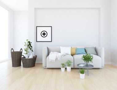Beyaz minimalist oturma odasının içinde, ahşap zeminde kanepe var. İç kısımları kuzeyli. 3B illüstrasyon