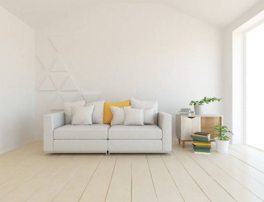 Beyaz minimalist oturma odasının içinde, ahşap zeminde kanepe var. İç kısımları kuzeyli. 3B illüstrasyon