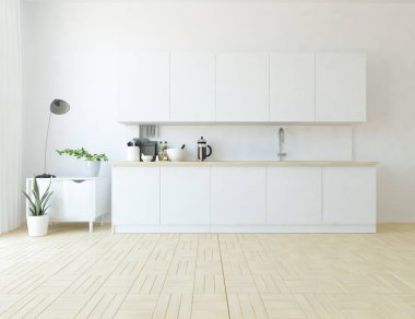 Beyaz minimalist mutfak odası. Ahşap zeminde yemek mobilyası var. İç kısımları kuzeyli. 3B illüstrasyon