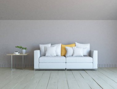 Minimalist bir oda ve kanepe. İç kısımları kuzeyli. 3B illüstrasyon