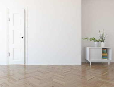 Dekoratif unsurlarla dolu boş bir İskandinav odası fikri. İç kısımları kuzeyli. 3B illüstrasyon 