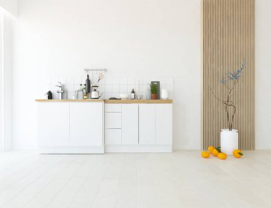 Beyaz minimalist mutfak odası. Ahşap zeminde yemek mobilyası var. İç kısımları kuzeyli. 3B illüstrasyon