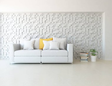 Beyaz minimalist oturma odasının içinde, ahşap zeminde kanepe var. İç kısımları kuzeyli. 3B illüstrasyon