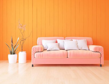 Minimalist bir oda ve kanepe. İç kısımları kuzeyli. 3B illüstrasyon