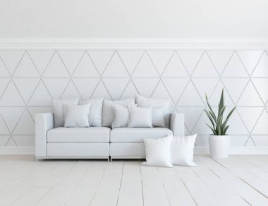 Beyaz minimalist oturma odasının içinde, ahşap zeminde kanepe var. İç kısımları kuzeyli. 3B illüstrasyon