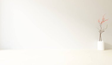 Ev bitkileriyle dolu boş bir İskandinav odası fikri. İç kısımları kuzeyli. 3B illüstrasyon 