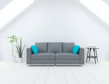 Beyaz minimalist oturma odasının içinde, ahşap zeminde kanepe var. İç kısımları kuzeyli. 3B illüstrasyon