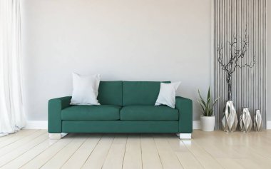 Beyaz minimalist oturma odasının içinde, ahşap zeminde kanepe var. İç kısımları kuzeyli. 3B illüstrasyon