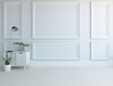 Ev bitkileriyle dolu boş bir İskandinav odası fikri. İç kısımları kuzeyli. 3B illüstrasyon 