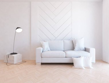 Beyaz minimalist oturma odasının içinde, ahşap zeminde kanepe var. İç kısımları kuzeyli. 3B illüstrasyon
