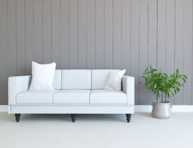 Minimalist bir oda ve kanepe. İç kısımları kuzeyli. 3B illüstrasyon