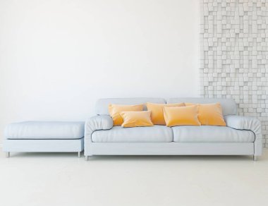 Beyaz minimalist oturma odasının içinde, ahşap zeminde kanepe var. İç kısımları kuzeyli. 3B illüstrasyon