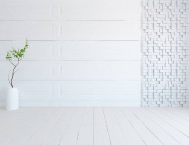 Ev bitkileriyle dolu boş bir İskandinav odası fikri. İç kısımları kuzeyli. 3B illüstrasyon 