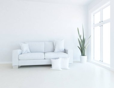 Beyaz minimalist oturma odasının içinde, ahşap zeminde kanepe var. İç kısımları kuzeyli. 3B illüstrasyon