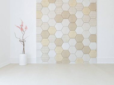 Ev bitkileriyle dolu boş bir İskandinav odası fikri. İç kısımları kuzeyli. 3B illüstrasyon 