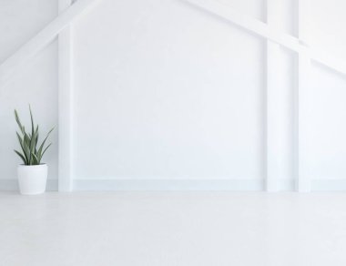 Ev bitkileriyle dolu boş bir İskandinav odası fikri. İç kısımları kuzeyli. 3B illüstrasyon 