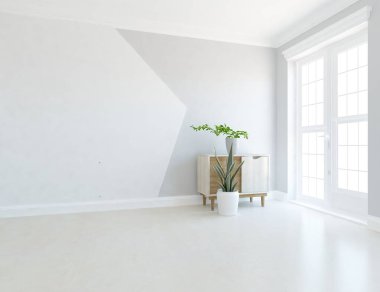 Ev bitkileriyle dolu boş bir İskandinav odası fikri. İç kısımları kuzeyli. 3B illüstrasyon 