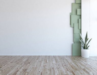 Minimalist oturma odasının içinde ahşap zemin var. İç kısımları kuzeyli. 3B illüstrasyon