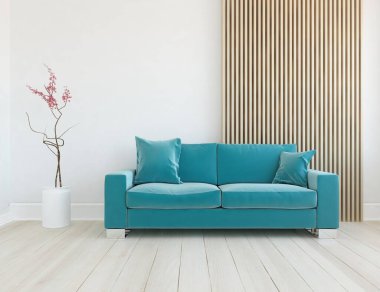 Beyaz minimalist oturma odasının içinde, ahşap zeminde kanepe var. İç kısımları kuzeyli. 3B illüstrasyon