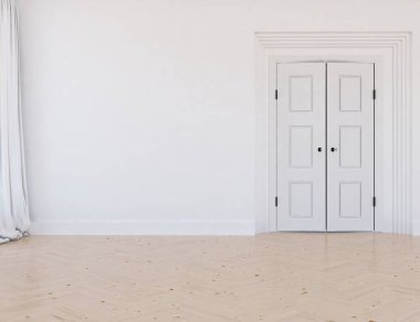 Minimalist oturma odasının içinde ahşap zemin var. İç kısımları kuzeyli. 3B illüstrasyon