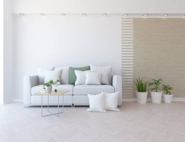 Beyaz minimalist oturma odasının içinde, ahşap zeminde kanepe var. İç kısımları kuzeyli. 3B illüstrasyon