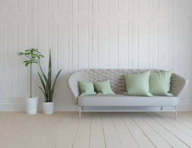 Beyaz minimalist oturma odasının içinde, ahşap zeminde kanepe var. İç kısımları kuzeyli. 3B illüstrasyon