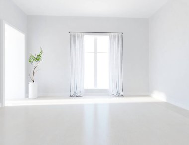 Ev bitkileriyle dolu boş bir İskandinav odası fikri. İç kısımları kuzeyli. 3B illüstrasyon 