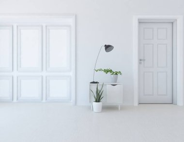 Ev bitkileriyle dolu boş bir İskandinav odası fikri. İç kısımları kuzeyli. 3B illüstrasyon 