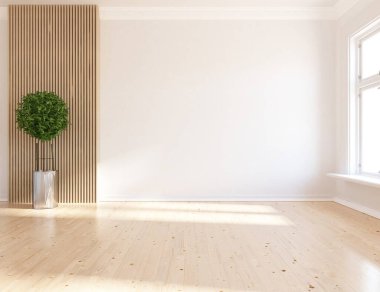 Ev bitkileriyle dolu boş bir İskandinav odası fikri. İç kısımları kuzeyli. 3B illüstrasyon 