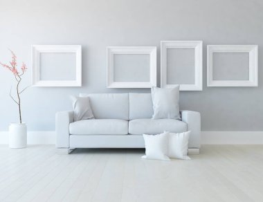 Beyaz minimalist oturma odasının içinde, ahşap zeminde kanepe var. İç kısımları kuzeyli. 3B illüstrasyon