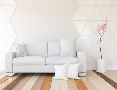 Beyaz minimalist oturma odasının içinde, ahşap zeminde kanepe var. İç kısımları kuzeyli. 3B illüstrasyon
