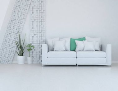 Beyaz minimalist oturma odasının içinde, ahşap zeminde kanepe var. İç kısımları kuzeyli. 3B illüstrasyon
