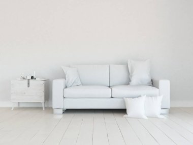 Beyaz minimalist oturma odasının içinde, ahşap zeminde kanepe var. İç kısımları kuzeyli. 3B illüstrasyon
