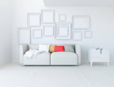 Beyaz minimalist oturma odasının içinde, ahşap zeminde kanepe var. İç kısımları kuzeyli. 3B illüstrasyon
