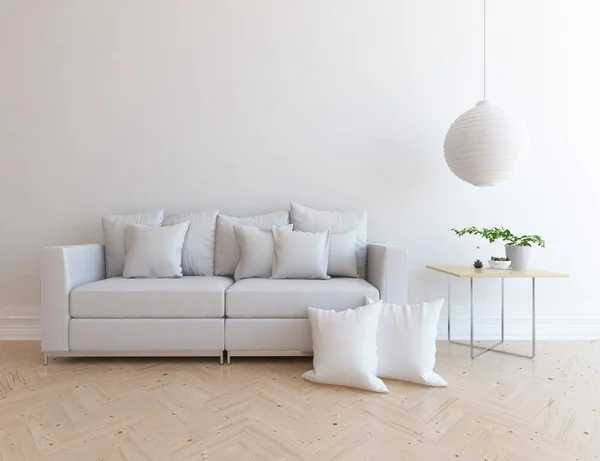 White minimalist living room interior with sofa on a wooden floor. Home nordic interior. 3D illustration