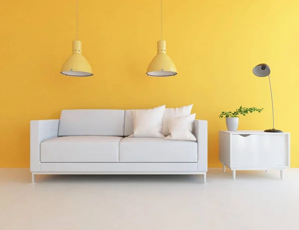 黄色简约的客厅内部 沙发在木制地板上 家里的北欧内陆 3D插图 免版税图库图片