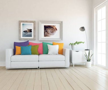 Beyaz minimalist oturma odasının içinde, ahşap zeminde kanepe var. İç kısımları kuzeyli. 3B illüstrasyon