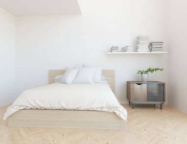 Yatak odasının içinde yatak var. Renkli elementlerin iç mimarisi ile kuzeye dönük. 3B illüstrasyon