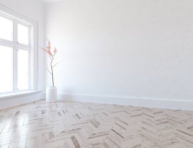 Minimalist oturma odasının içinde ahşap zemin var. İç kısımları kuzeyli. 3B illüstrasyon