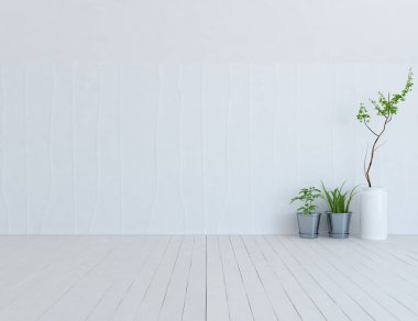 Ev bitkileriyle dolu boş bir İskandinav odası fikri. İç kısımları kuzeyli. 3B illüstrasyon 