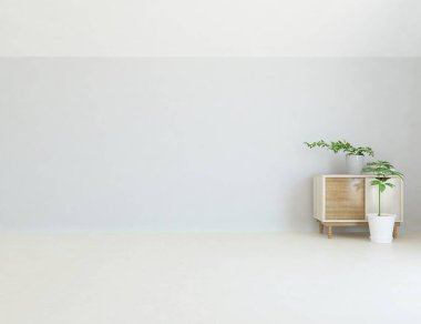 Ev bitkileriyle dolu boş bir İskandinav odası fikri. İç kısımları kuzeyli. 3B illüstrasyon 