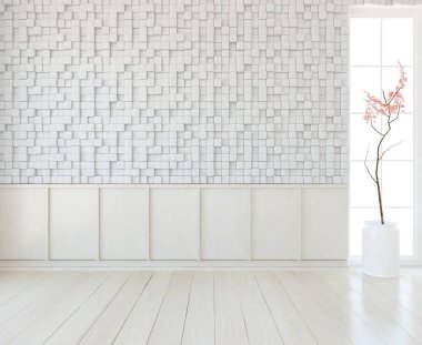 Minimalist oturma odasının içinde ahşap zemin var. İç kısımları kuzeyli. 3B illüstrasyon