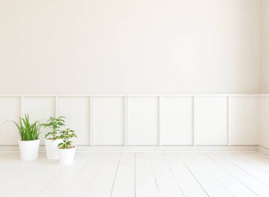 Ev bitkileriyle dolu boş bir İskandinav odası fikri. İç kısımları kuzeyli. 3B illüstrasyon 