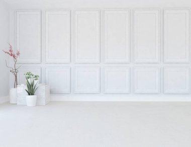 Minimalist oturma odasının içinde ahşap zemin var. İç kısımları kuzeyli. 3B illüstrasyon