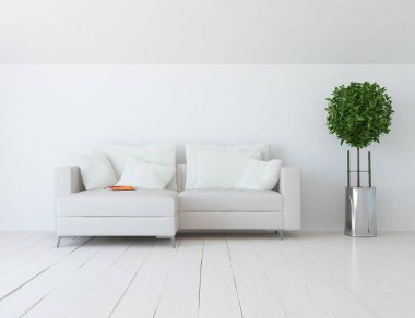 Beyaz minimalist oturma odasının içinde, ahşap zeminde kanepe var. İç kısımları kuzeyli. 3B illüstrasyon