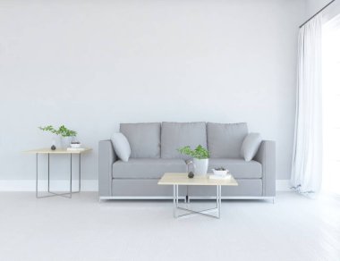 Beyaz minimalist oturma odasının içinde, ahşap zeminde kanepe var. İç kısımları kuzeyli. 3B illüstrasyon