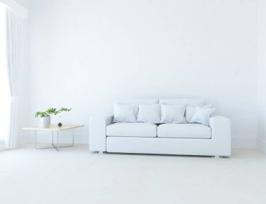 Beyaz minimalist oturma odasının içinde, ahşap zeminde kanepe var. İç kısımları kuzeyli. 3B illüstrasyon